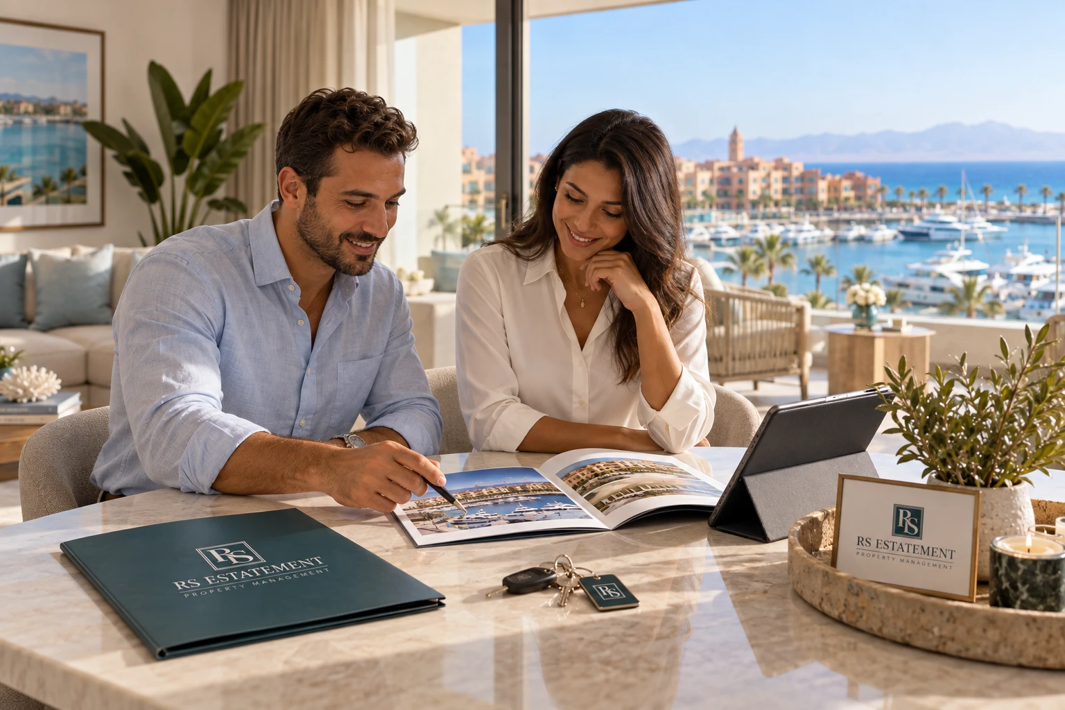 Two people in a modern apartment in Hurghada with a Red Sea marina view, representing RS Estatement property and lifestyle services