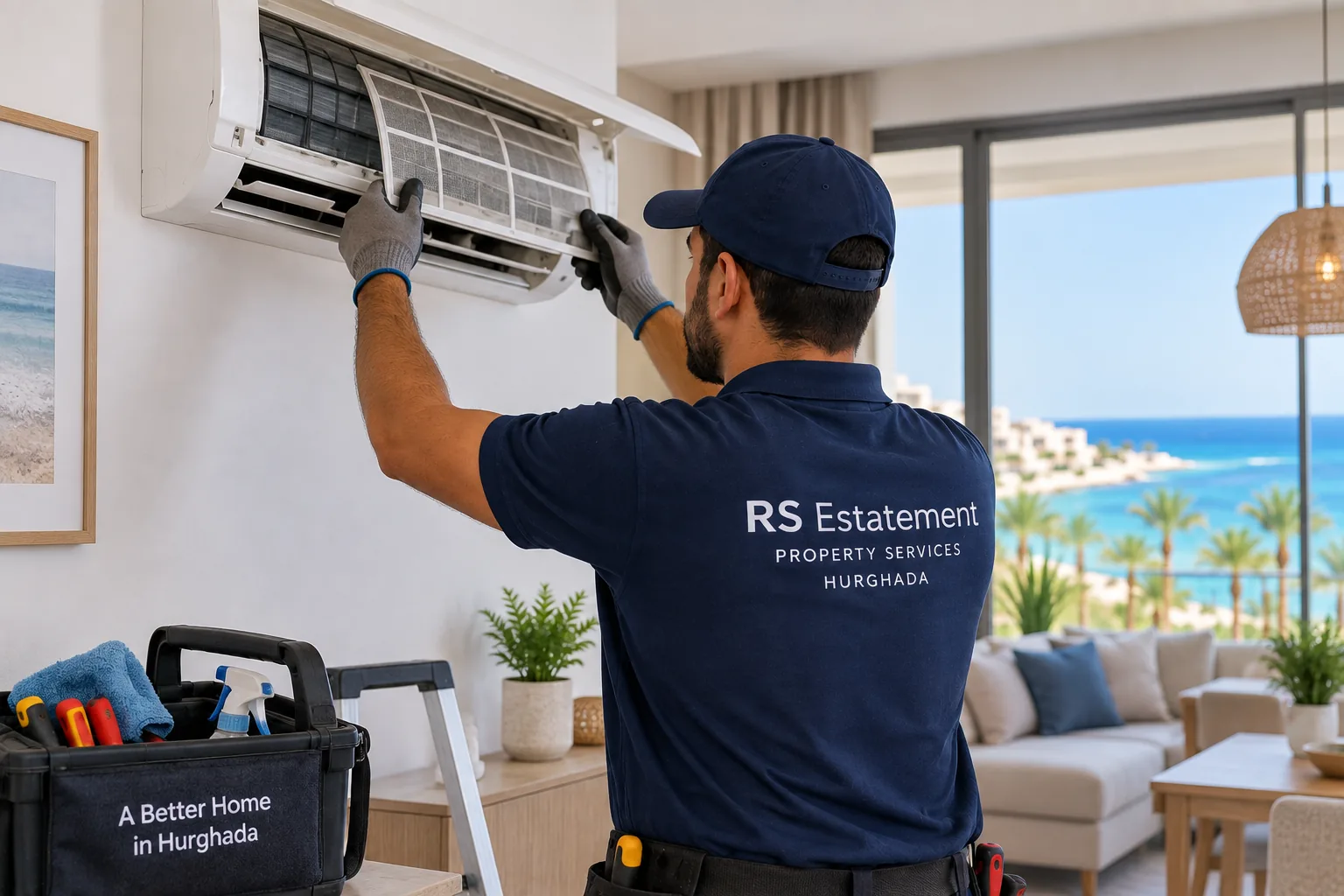 AC technician servicing a wall-mounted air conditioner in a modern apartment in Hurghada