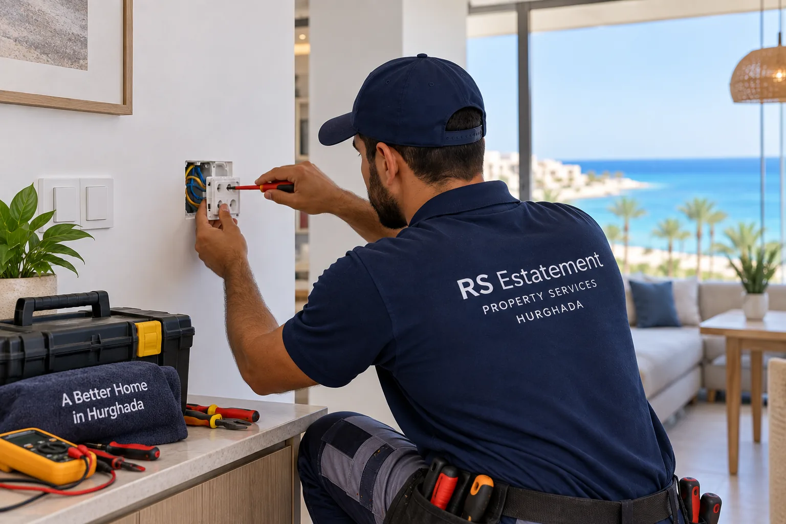 Electrician repairing an electrical outlet in a modern apartment in Hurghada