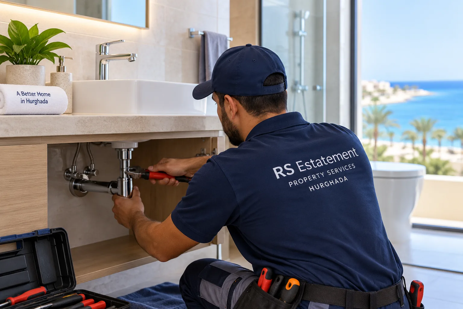 Plumber repairing a sink in a modern apartment in Hurghada