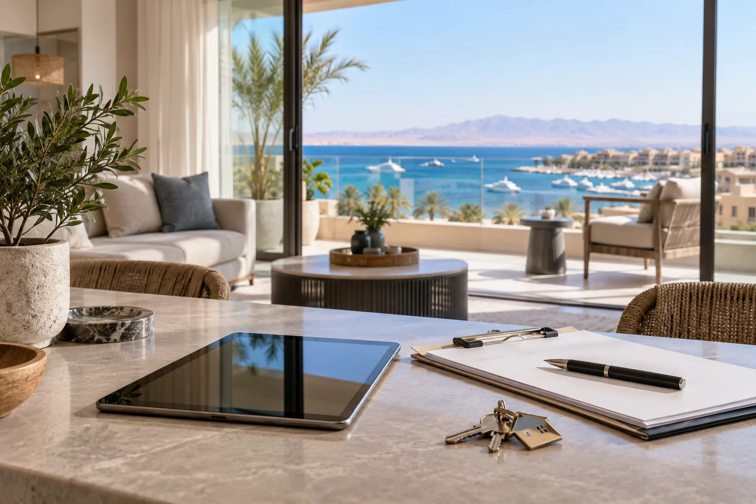 Modern apartment in Hurghada with keys, tablet and a Red Sea view, representing property management for owners abroad