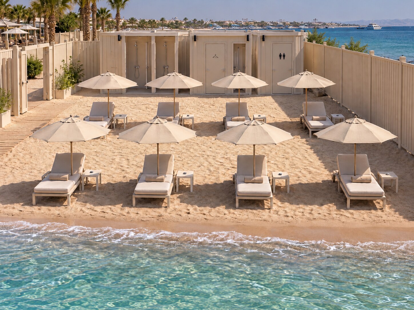 Concept of the VIP area with sun loungers by the sea